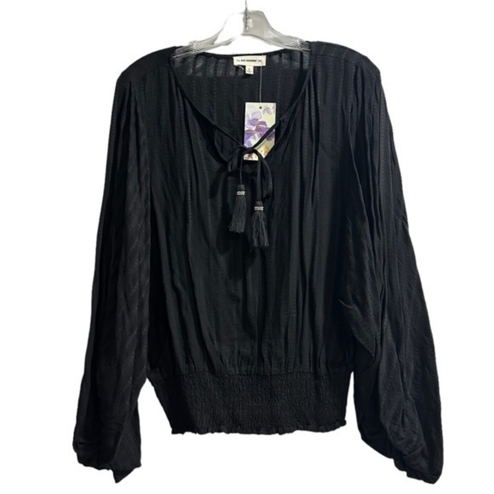 Women’s Black Smocked Boho Bohemian Blouse Long Sleeve Shirt Small